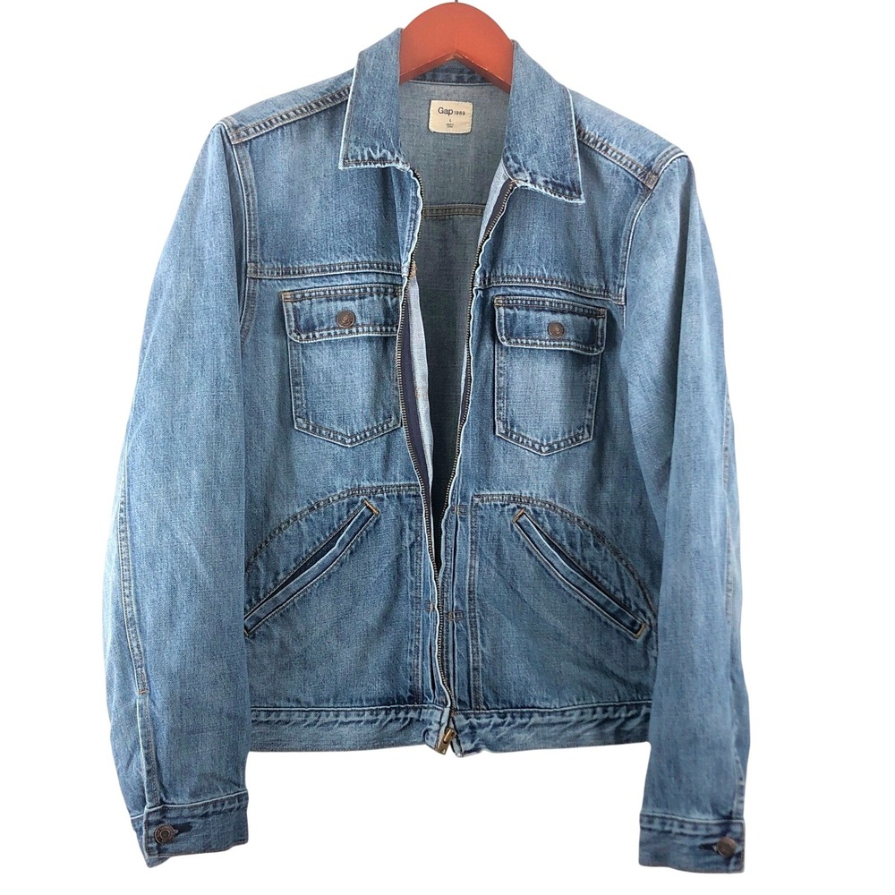 Gap 1969 Mens Zip Front Denim Jacket Medium Tint Blue Cotton Large Utility Y2K